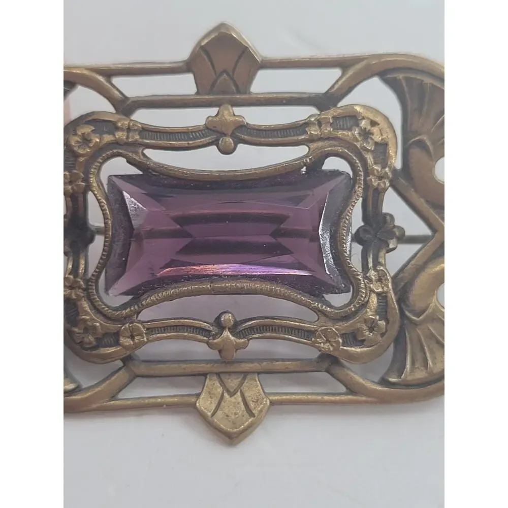 Antique Art Nouveau Brass Amethyst Glass Sash Brooch Victorian Romantic Jewelry